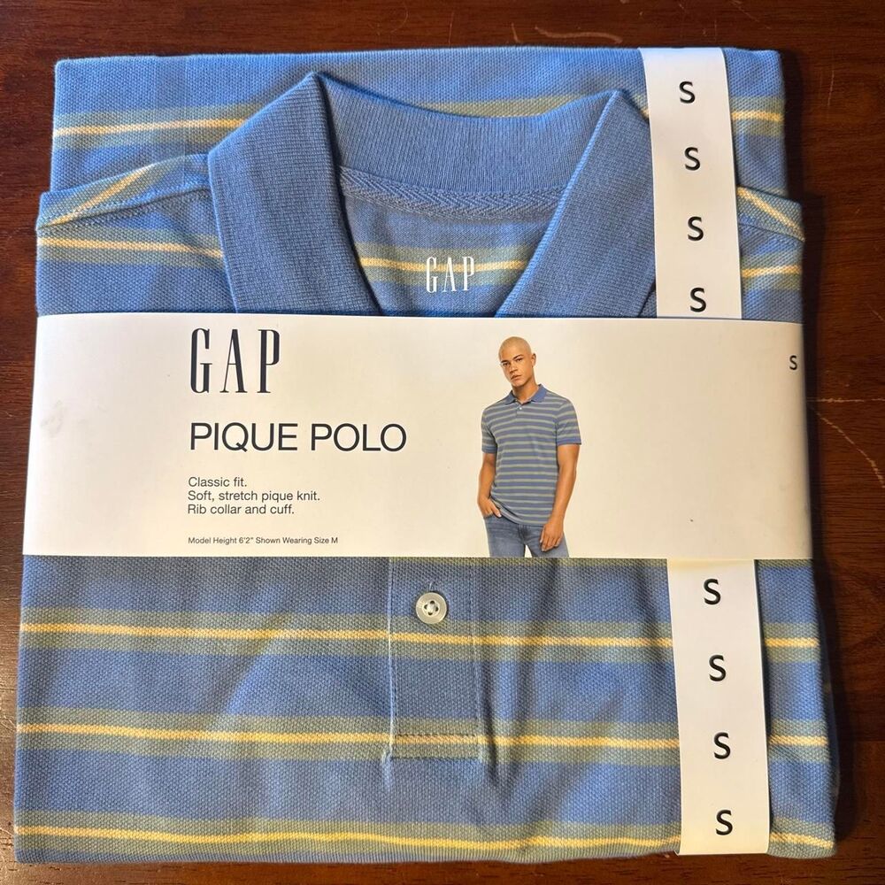 Men's Gap Pique Polo Shirt Small Blue and Yellow Striped Classic Fit